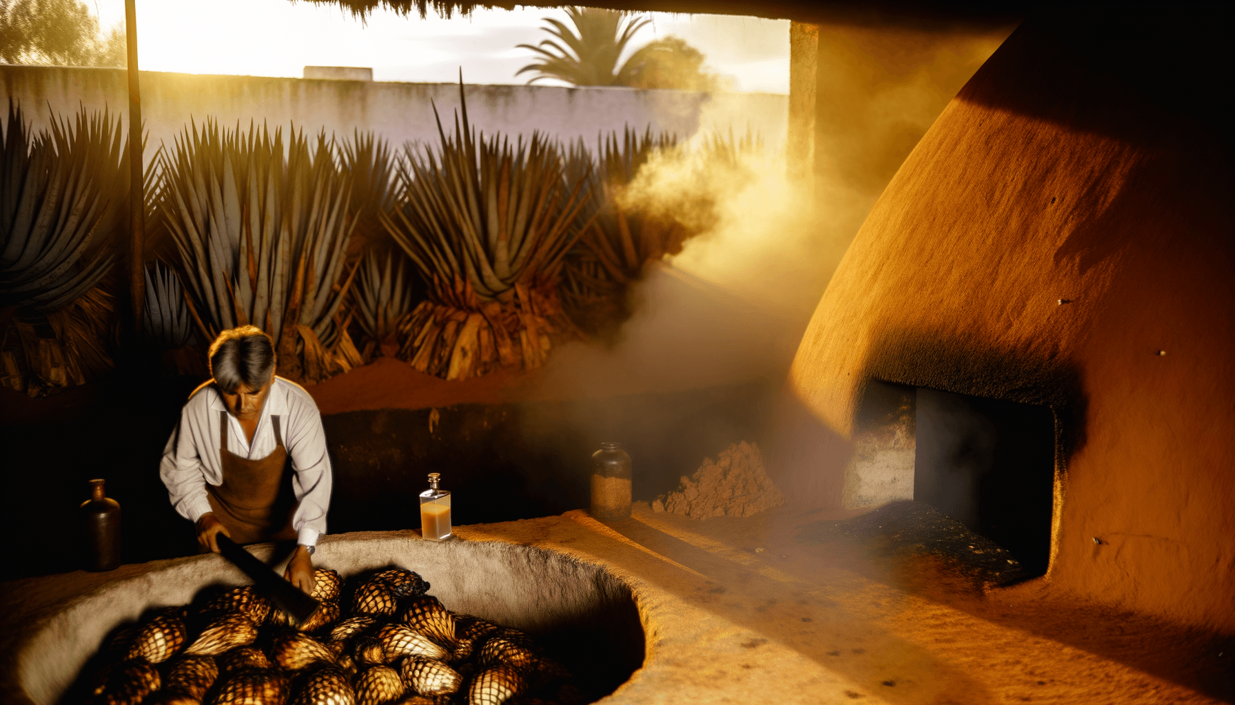 Traditional earthen pit roasting agave hearts