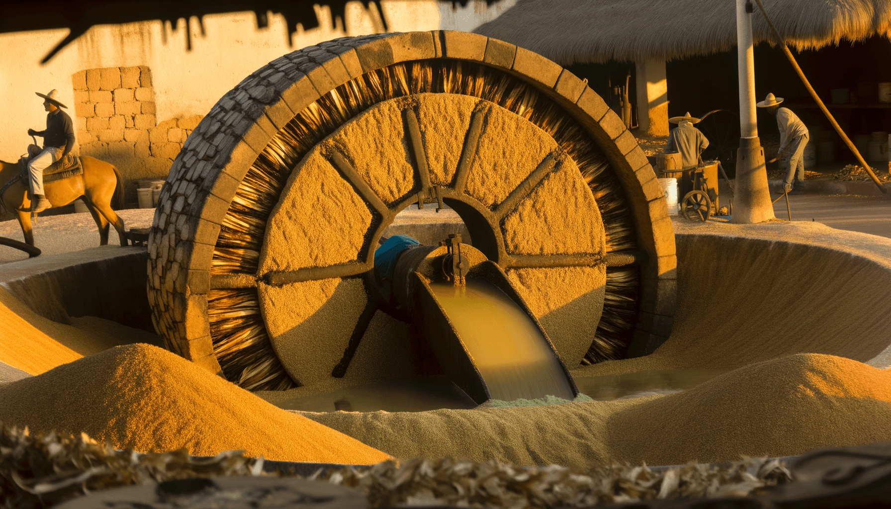 Traditional tahona stone wheel crushing roasted agave