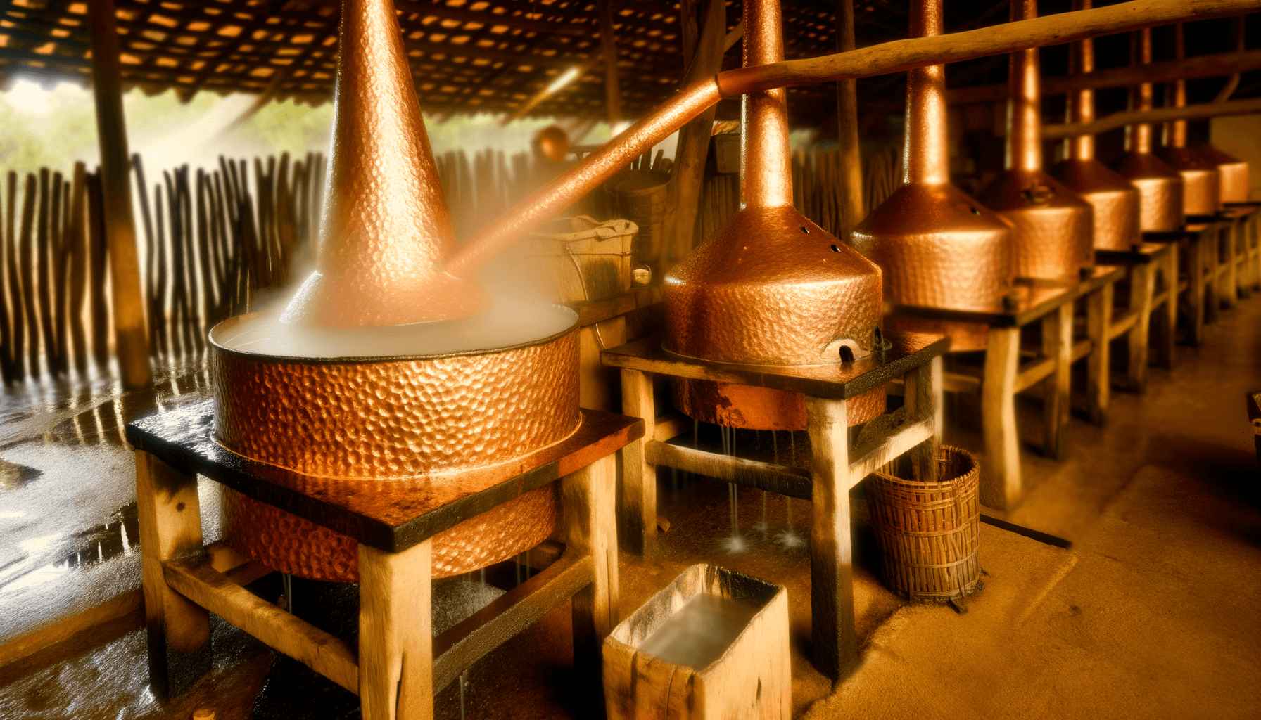 Copper pot stills distilling mezcal in Oaxaca